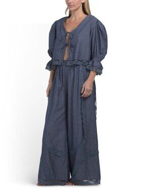 SAATVIK 2pc Chambray Puff Sleeve Boho Lounge Set